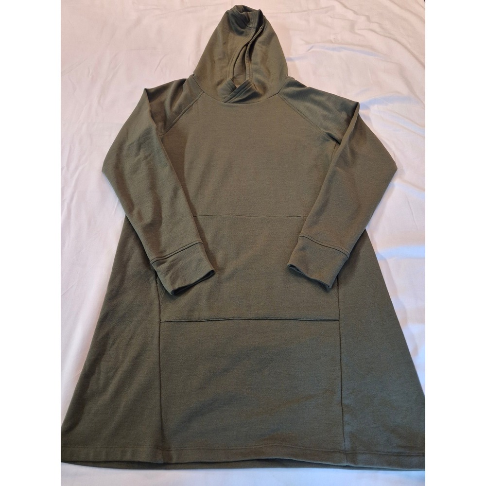 Wool& Merino Wool Blend Hoodie Dress Olive Green Long Sleeve Kangaroo Pocket M - Picture 7 of 8